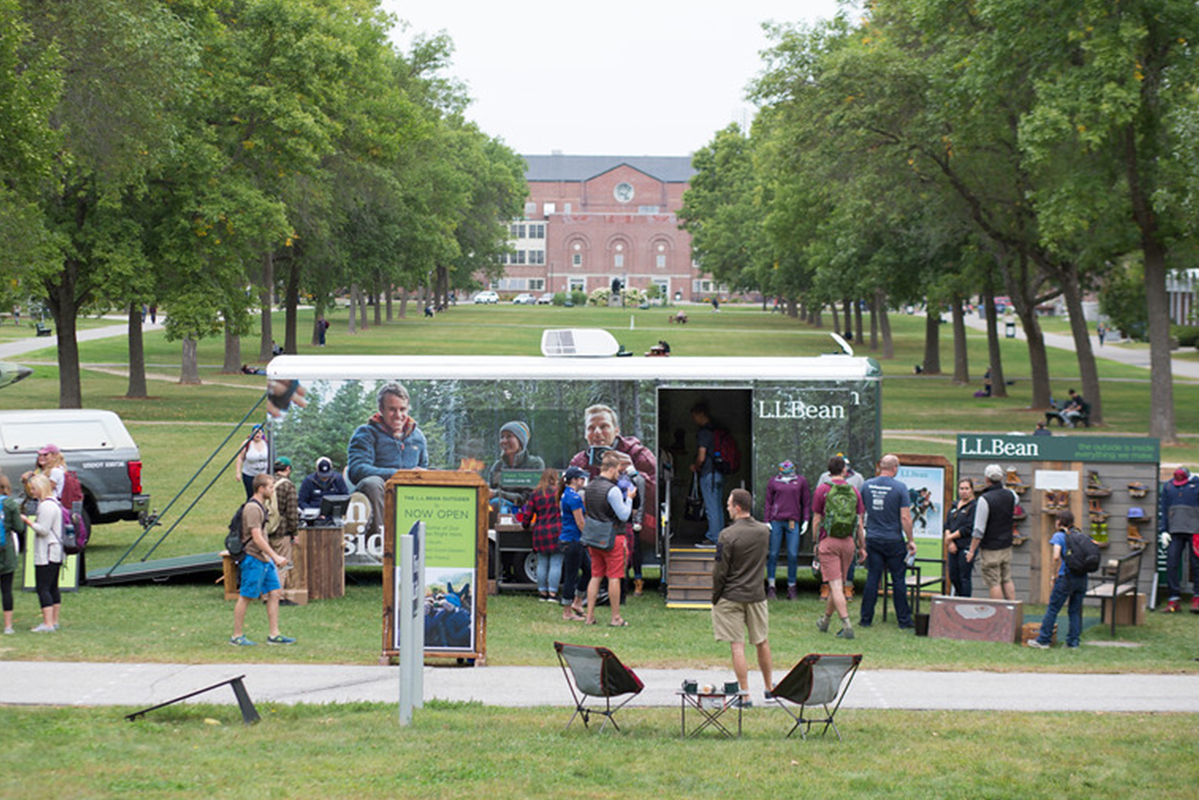 LL Bean Pop-up Store built by Turtle Transit is parked outside of a university campus.